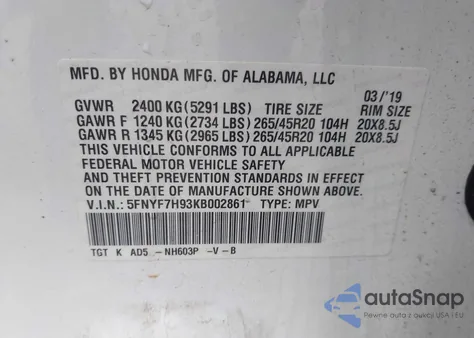 2019 Honda Passport Touring из США, поврежденный, VIN 5FNYF7H93KB002861